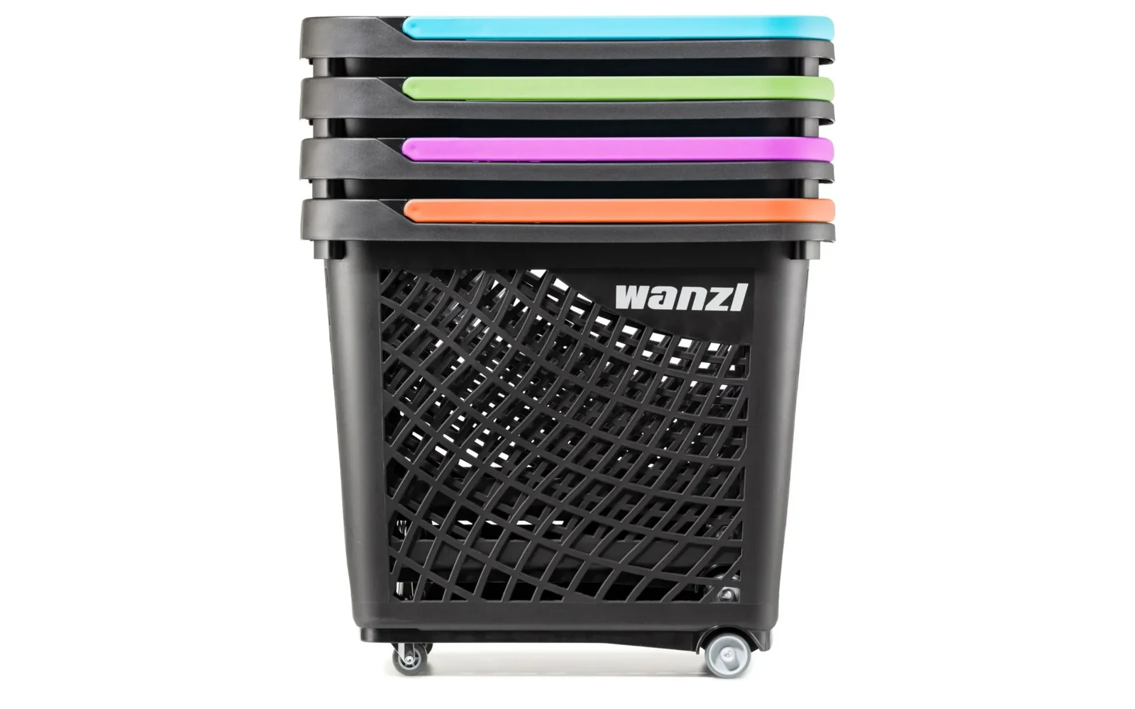 ตะกร้าช้อปปิ้ง Wanzl ซ้อนกันบนรถเข็นตะกร้า เห็นหูจับหลายสี