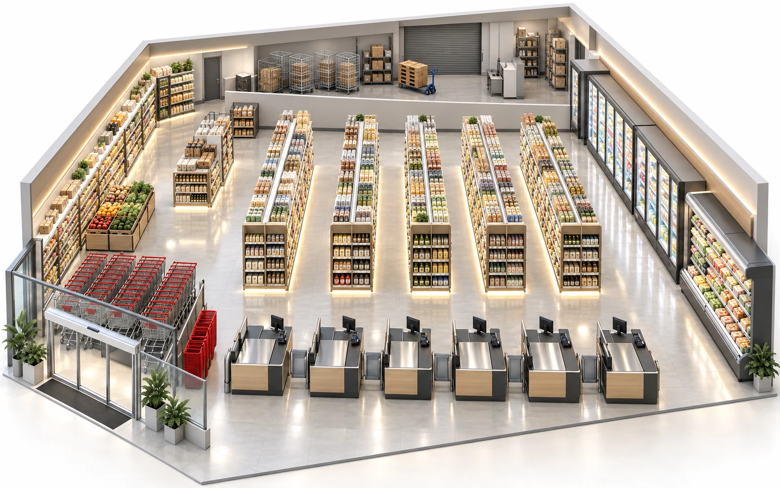 Section through a retail store showing shelving with under-shelf LED lighting, chillers, the checkout counter and the back-of-house area